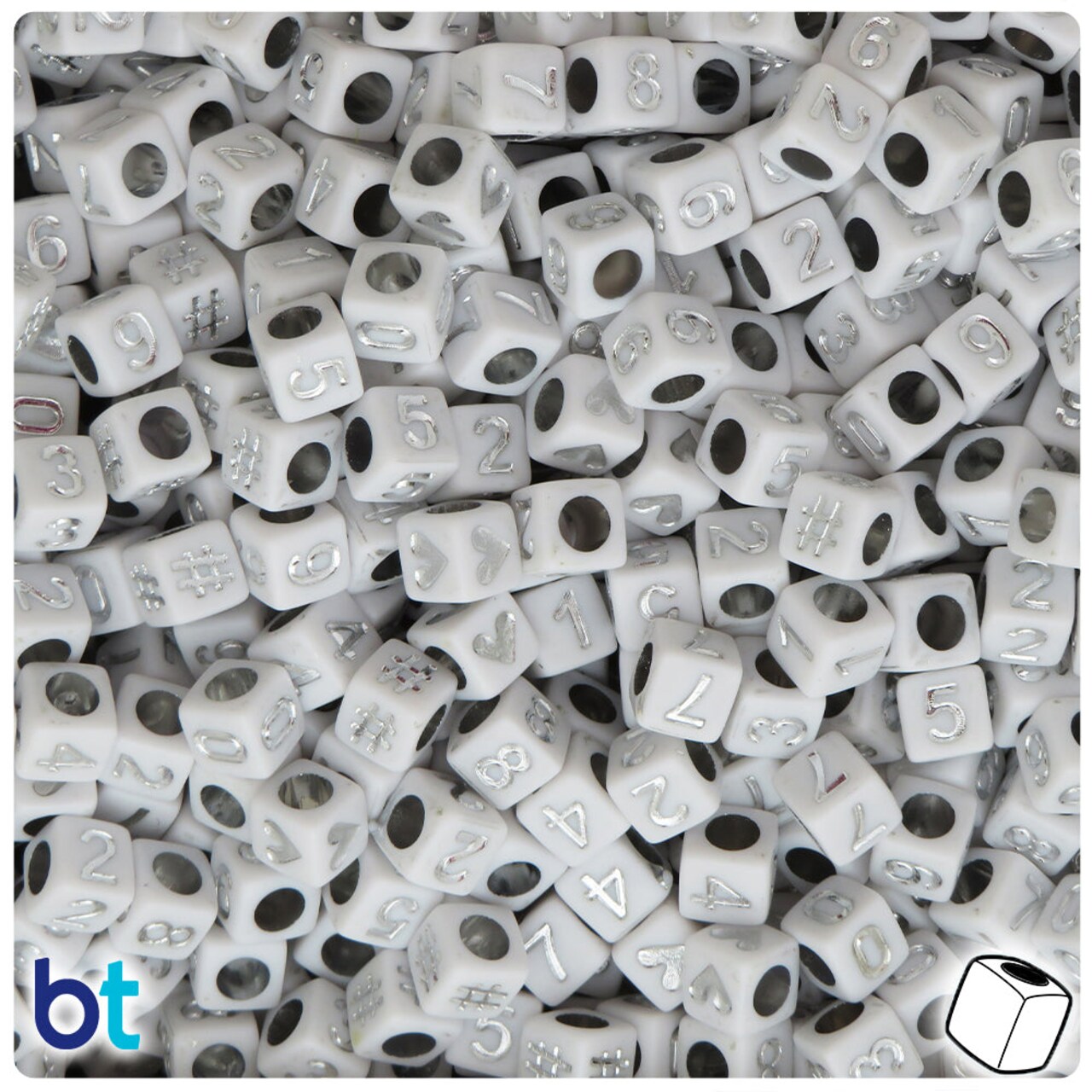 BeadTin White Opaque 6mm Cube Plastic Alpha Beads - Silver Number Mix (200pcs)